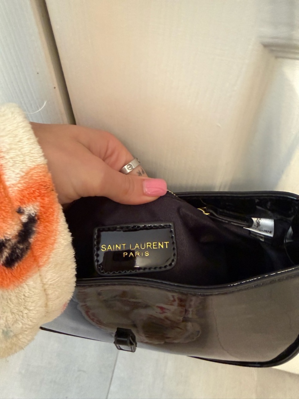 Black Patent Shoulder Bag with Gold Logo - Picture 3 of 4